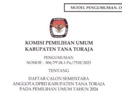 KPU Umumkan DCS Anggota DPRD Tana Toraja, 150 Bacaleg TMS